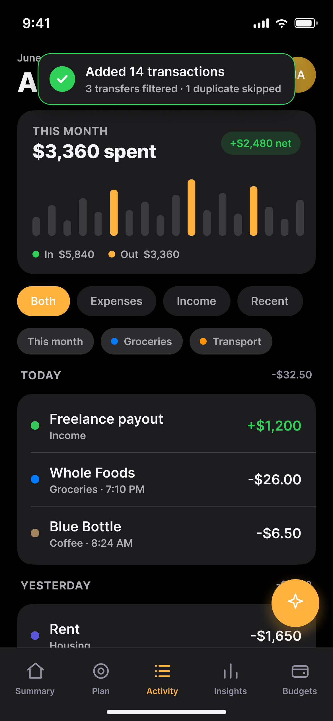 Waffle Activity screen — auto-sorted transactions with a daily spending chart