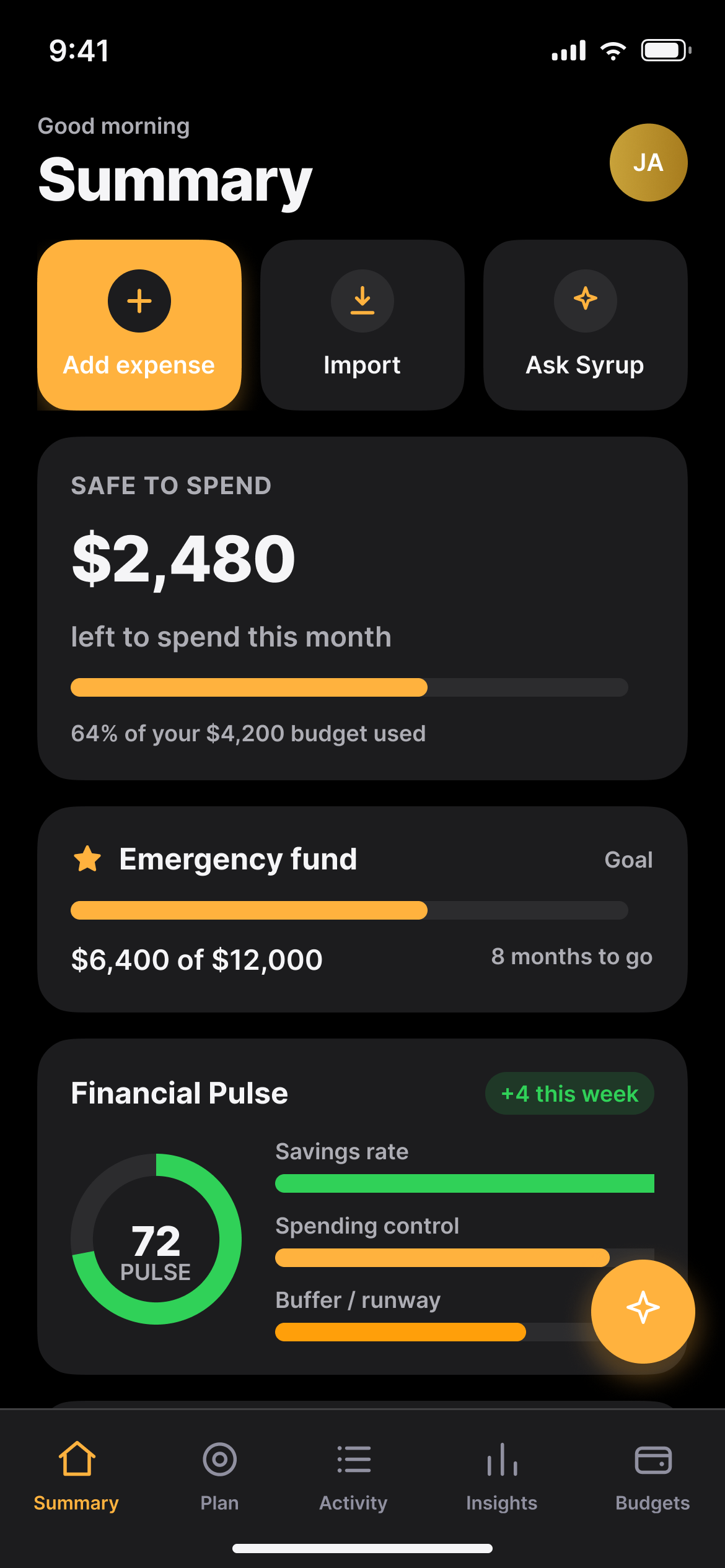 Waffle Summary screen — Safe to Spend and Financial Pulse score