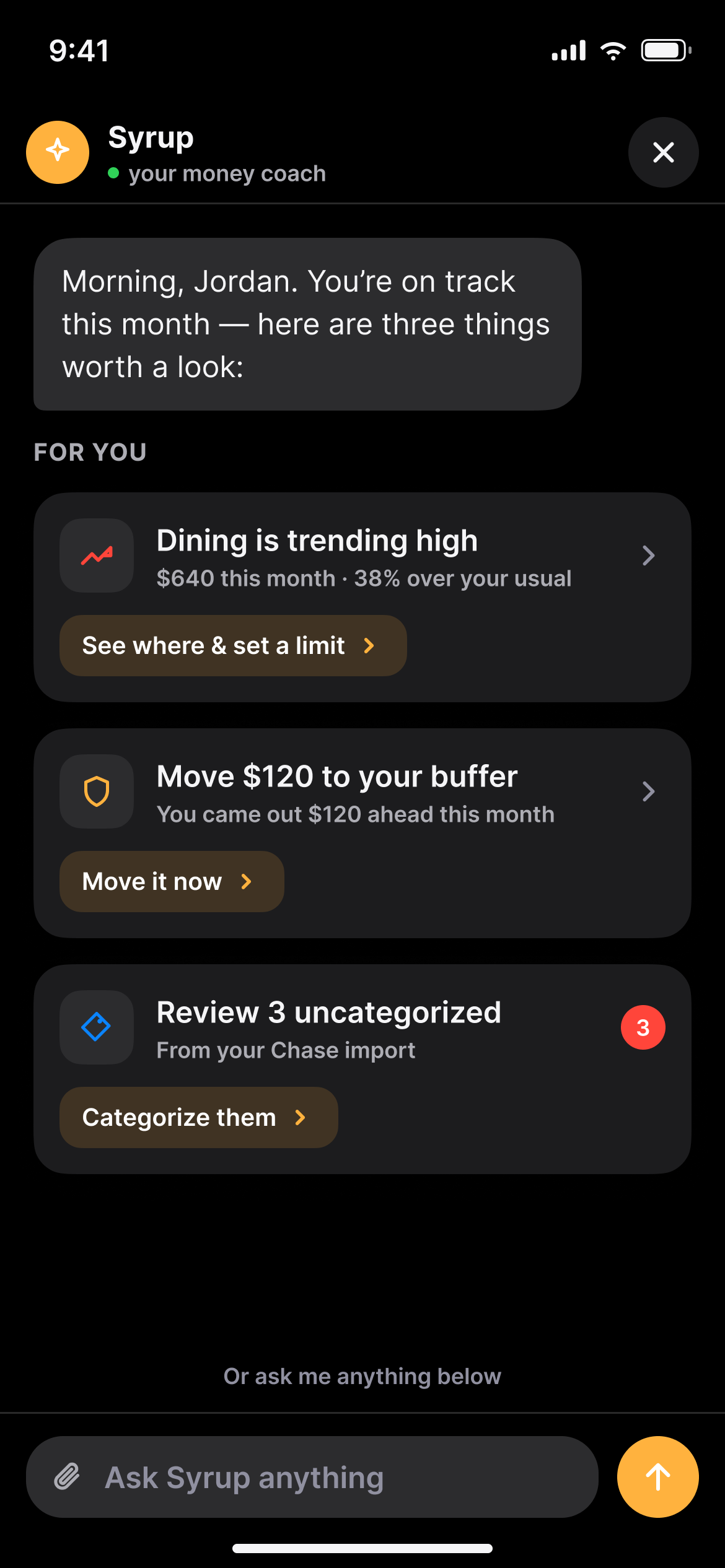 Syrup, Waffle's AI money coach, surfacing personalized spending nudges